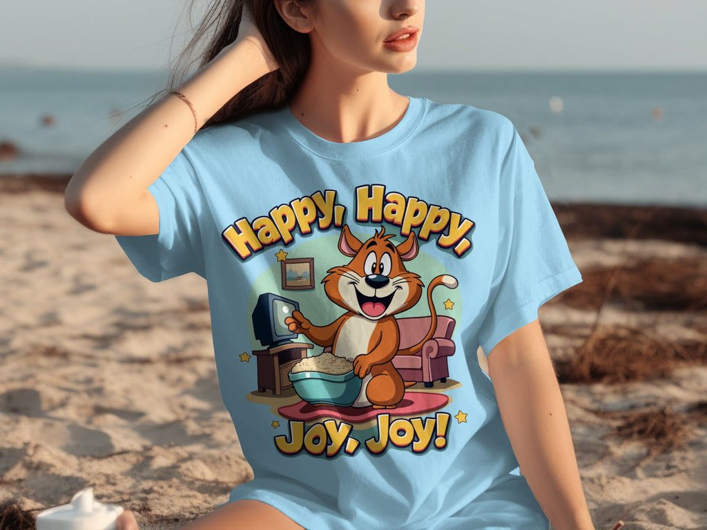 Happy Happy Joy Joy with Cartoon Cat Design T-Shirts