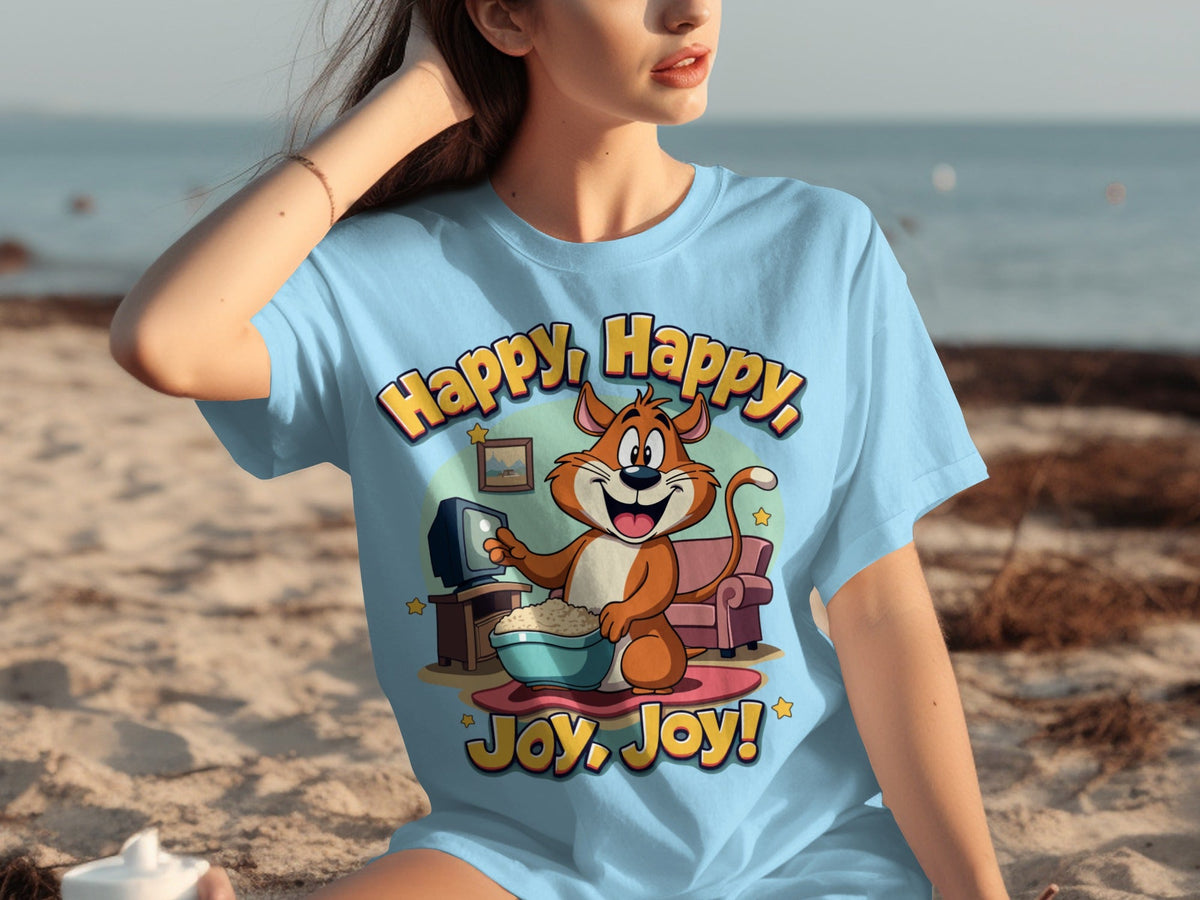 Happy Happy Joy Joy with Cartoon Cat Design T-Shirts