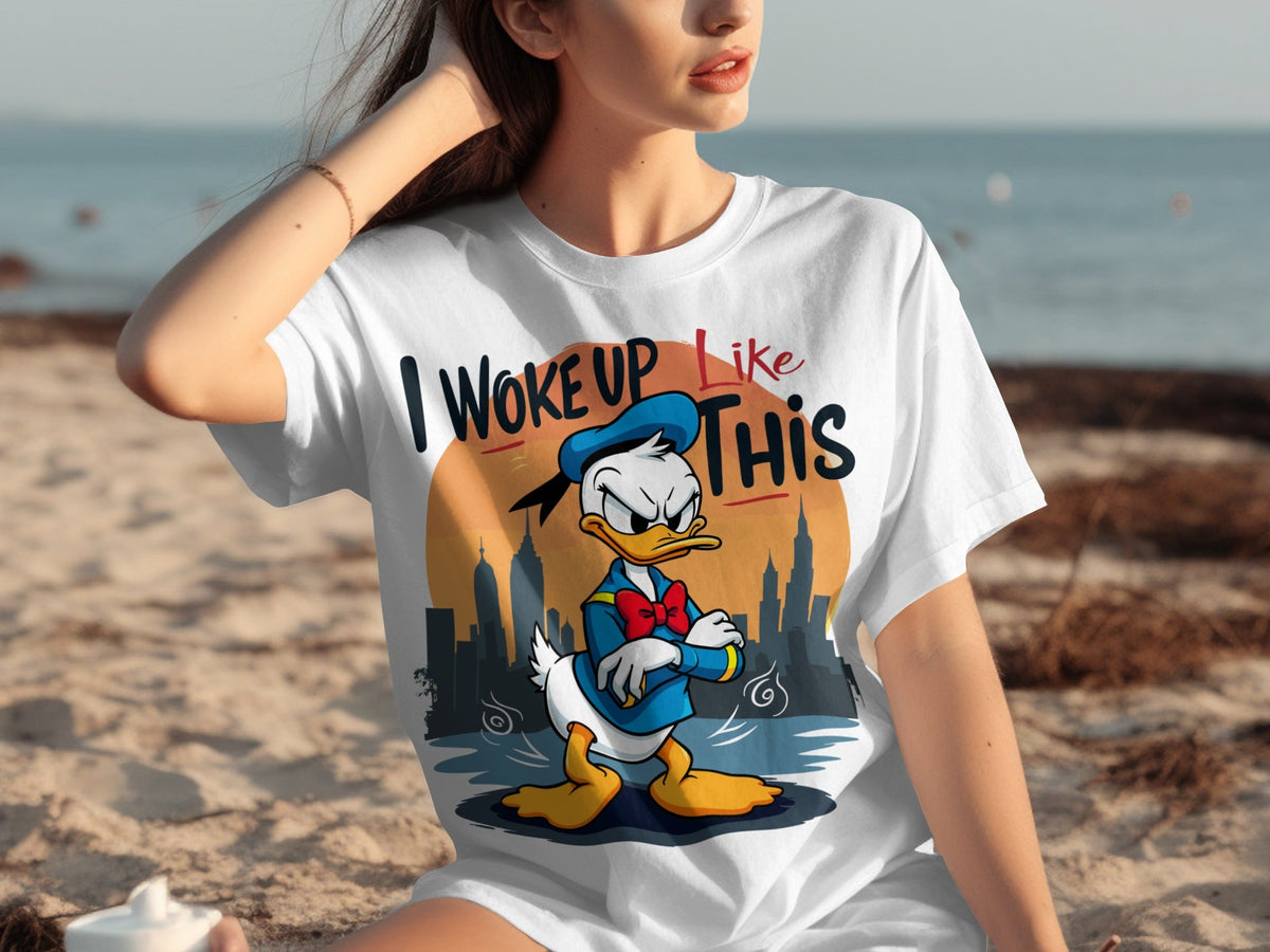 Donald Duck I Woke Up Like This On Cityscape Backdrop T-Shirts