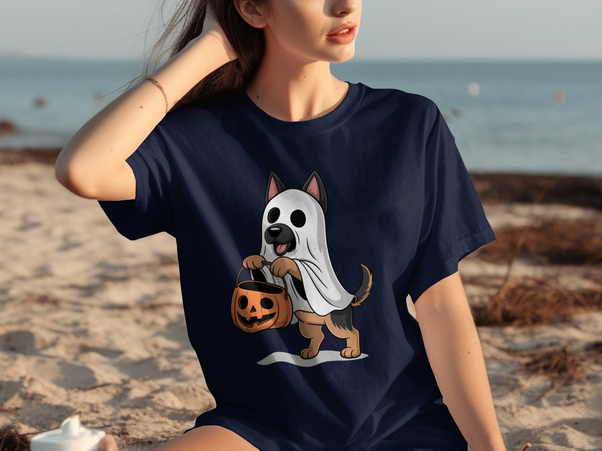 Cute German Shepherd Dressed as Ghost for Halloween T-Shirts
