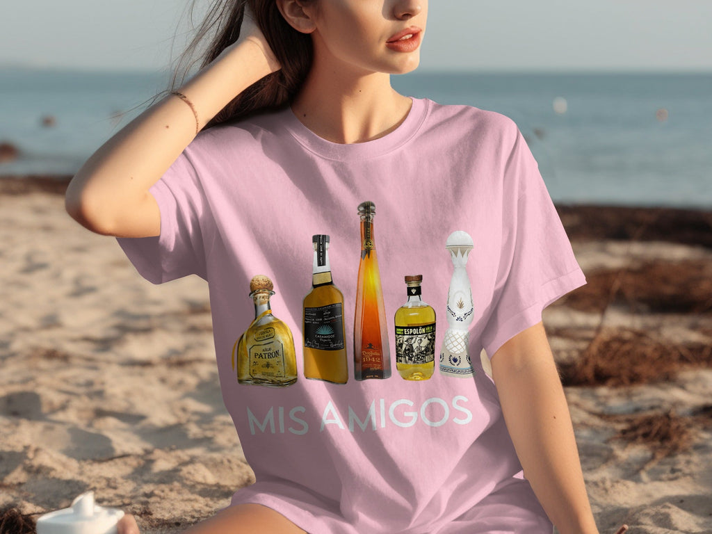 Tequila Bottles Lineup featuring Mis Amigos Text T-Shirts