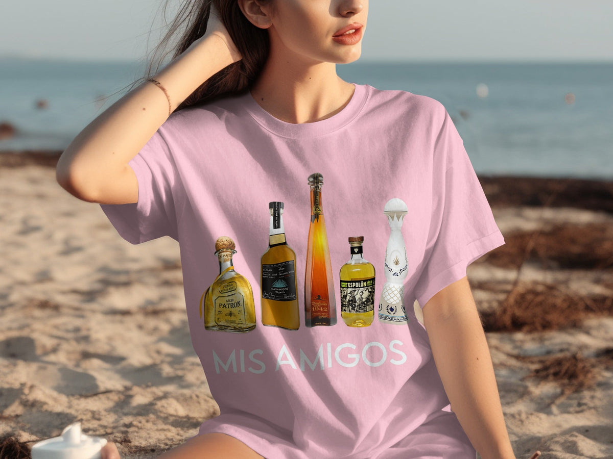 Tequila Bottles Lineup featuring Mis Amigos Text T-Shirts