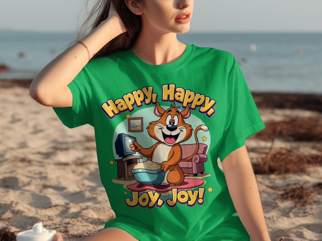 Happy Happy Joy Joy with Cartoon Cat Design T-Shirts