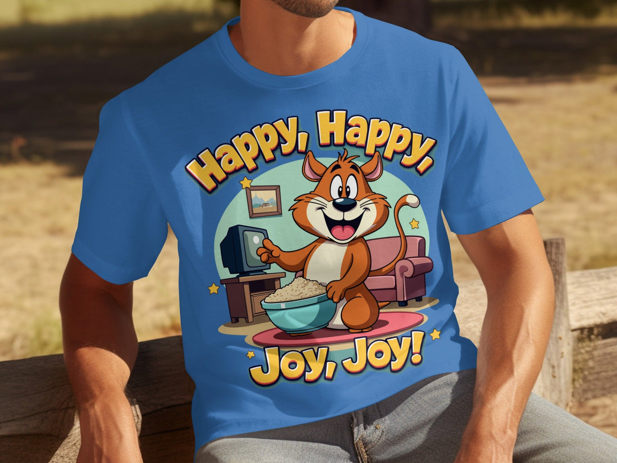 Happy Happy Joy Joy with Cartoon Cat Design T-Shirts