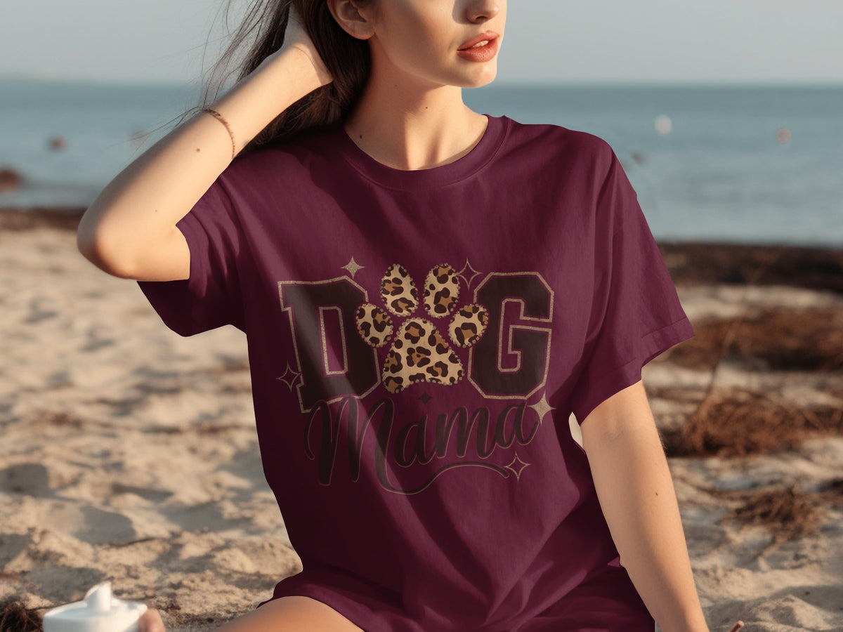 Dog Mama Lettering Design Leopard Paw Print Graphic T-Shirts