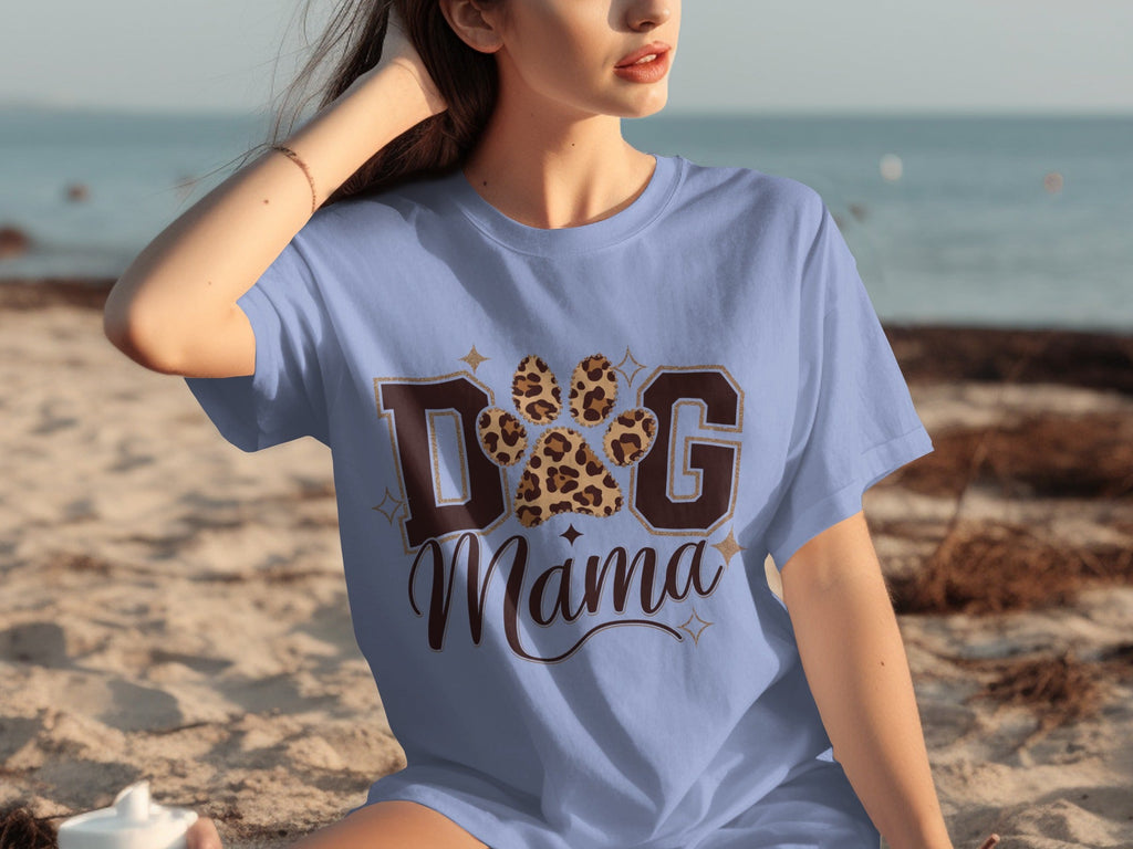 Dog Mama Lettering Design Leopard Paw Print Graphic T-Shirts