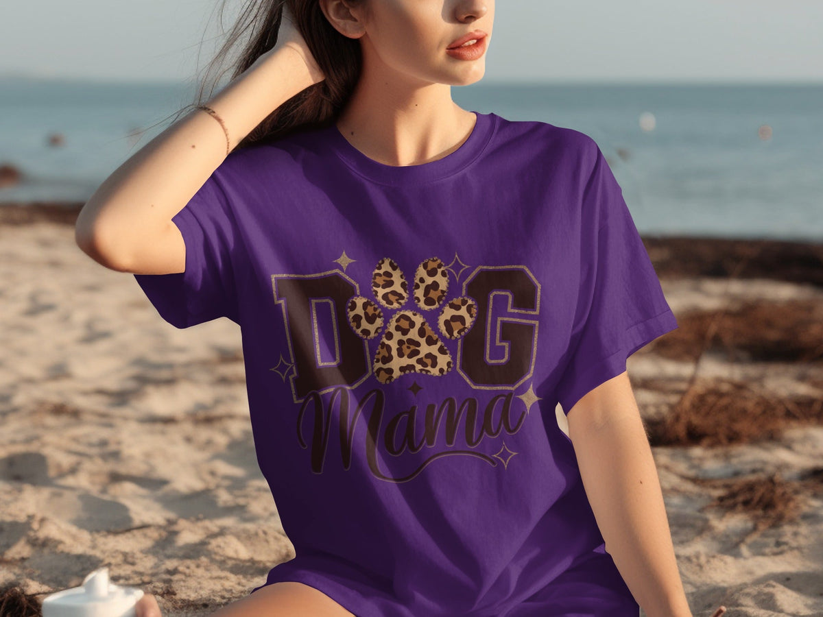 Dog Mama Lettering Design Leopard Paw Print Graphic T-Shirts