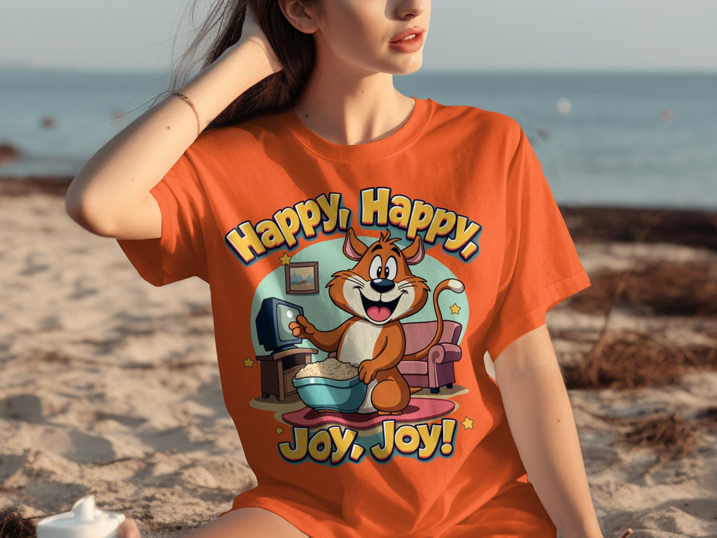Happy Happy Joy Joy with Cartoon Cat Design T-Shirts