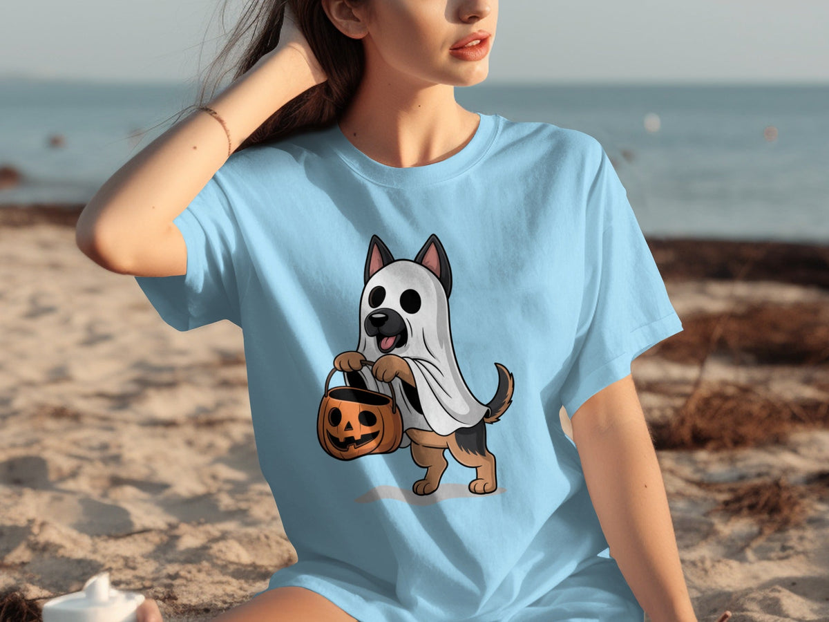 Cute German Shepherd Dressed as Ghost for Halloween T-Shirts