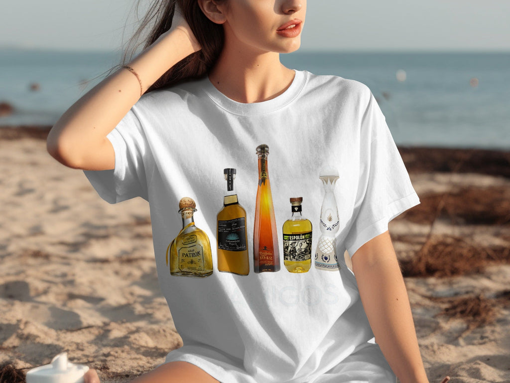 Tequila Bottles Lineup featuring Mis Amigos Text T-Shirts