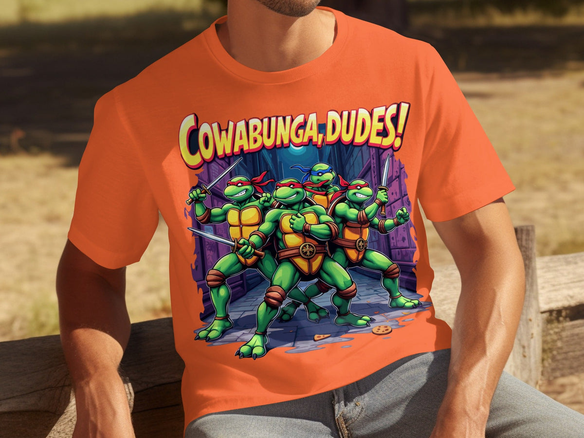 Cowabunga Dudes Four Turtles with Swords in Alley T-Shirts