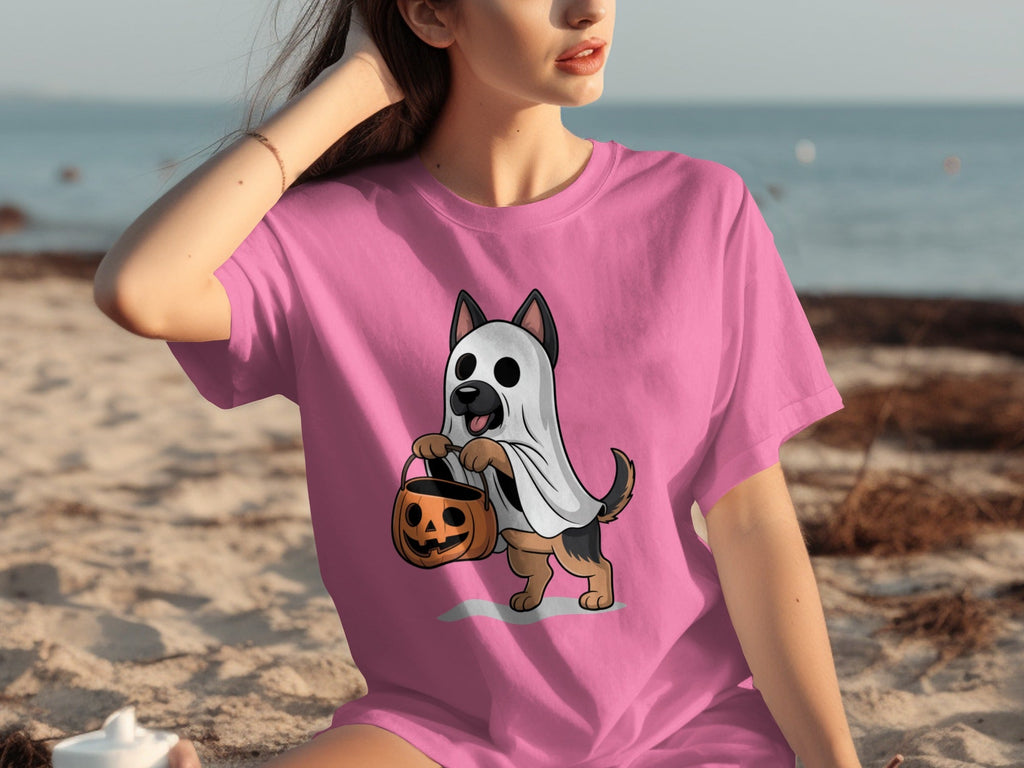 Cute German Shepherd Dressed as Ghost for Halloween T-Shirts