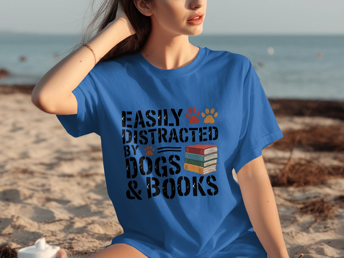 Easily Distracted by Dogs & Books Design Cool T-Shirts product image 2