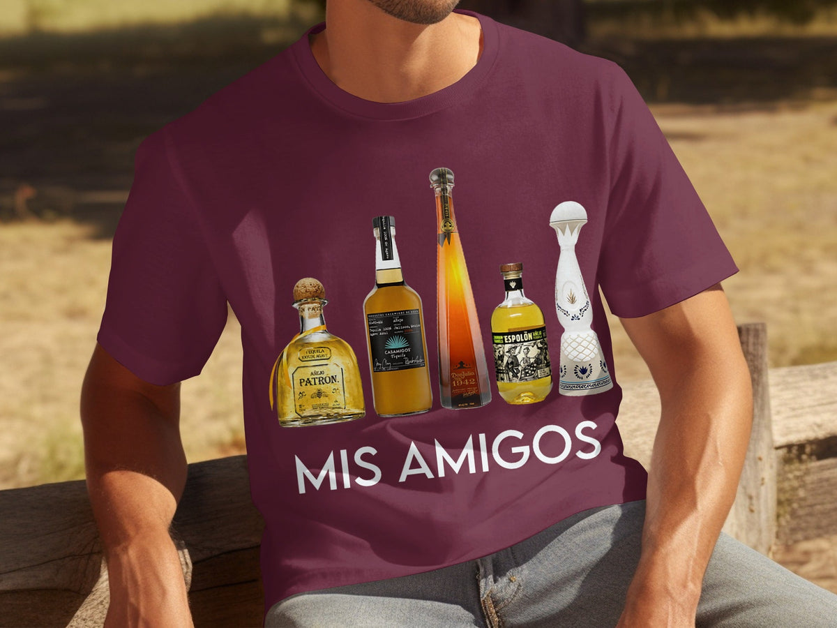 Tequila Bottles Lineup featuring Mis Amigos Text T-Shirts