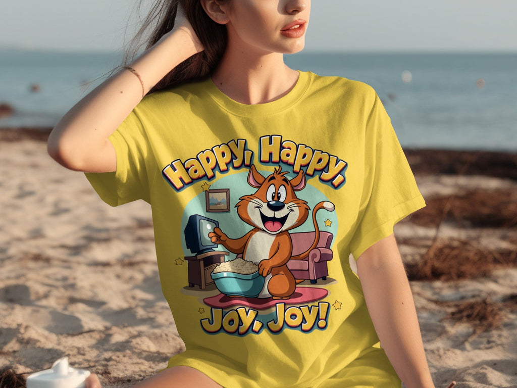 Happy Happy Joy Joy with Cartoon Cat Design T-Shirts