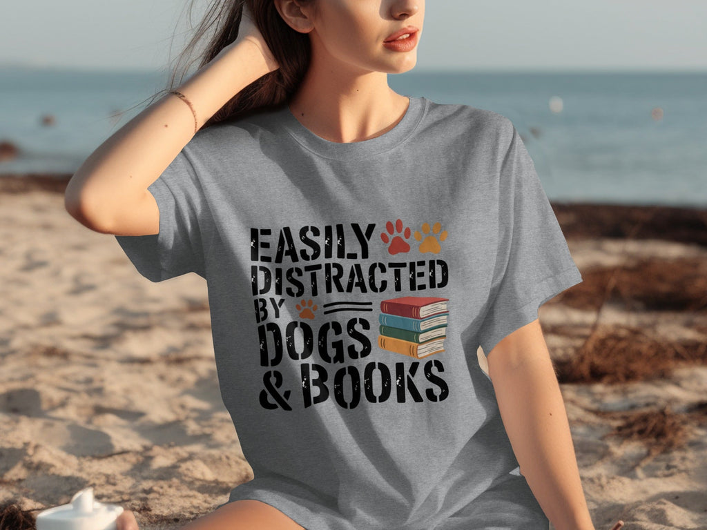 Easily Distracted by Dogs & Books Design Cool T-Shirts product image 1
