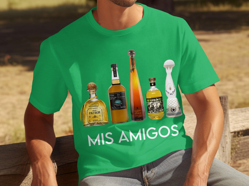 Tequila Bottles Lineup featuring Mis Amigos Text T-Shirts