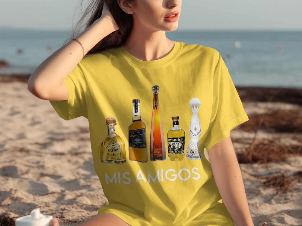 Tequila Bottles Lineup featuring Mis Amigos Text T-Shirts