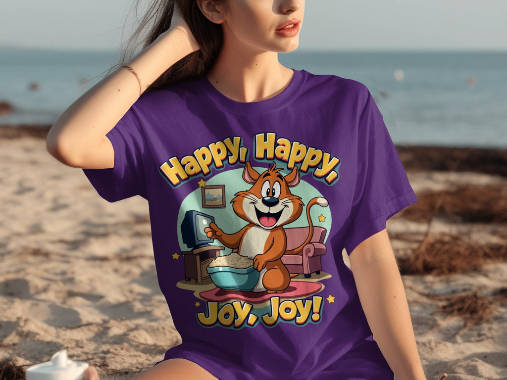 Happy Happy Joy Joy with Cartoon Cat Design T-Shirts