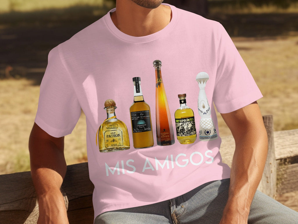 Tequila Bottles Lineup featuring Mis Amigos Text T-Shirts