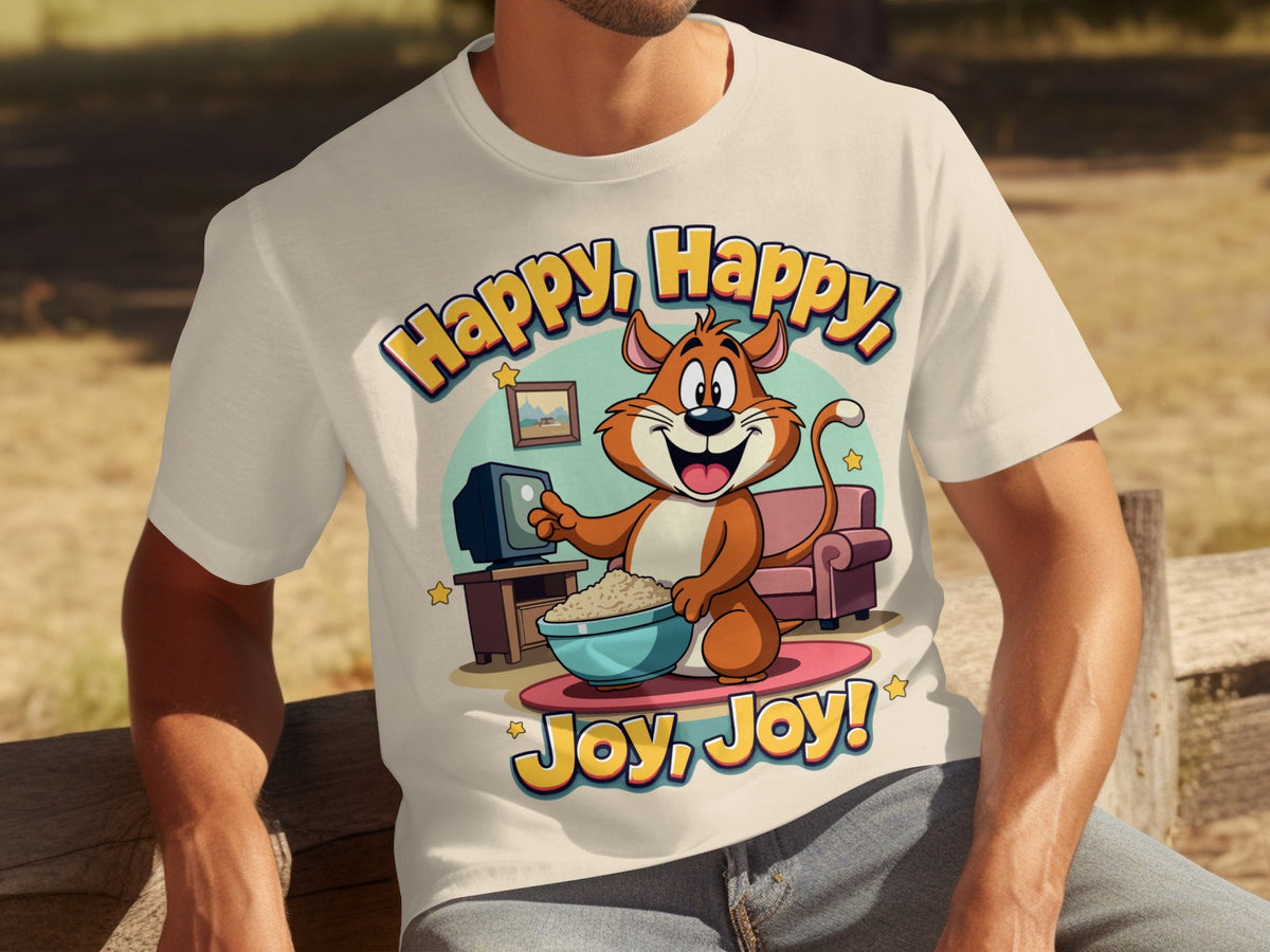 Happy Happy Joy Joy with Cartoon Cat Design T-Shirts