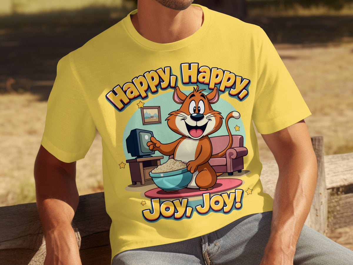 Happy Happy Joy Joy with Cartoon Cat Design T-Shirts