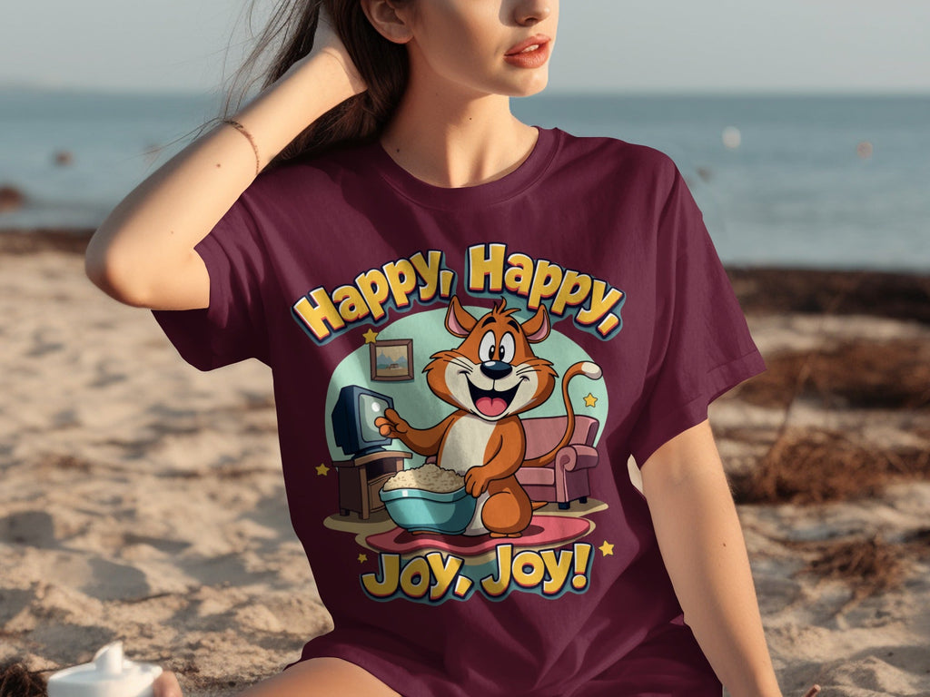 Happy Happy Joy Joy with Cartoon Cat Design T-Shirts