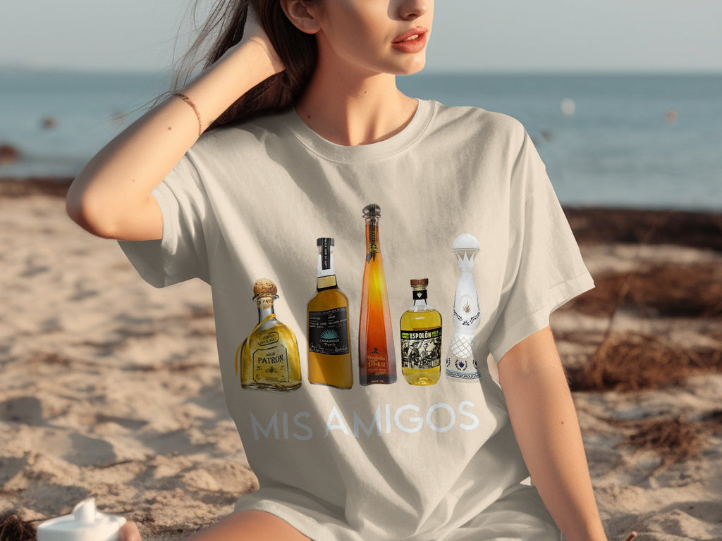 Tequila Bottles Lineup featuring Mis Amigos Text T-Shirts