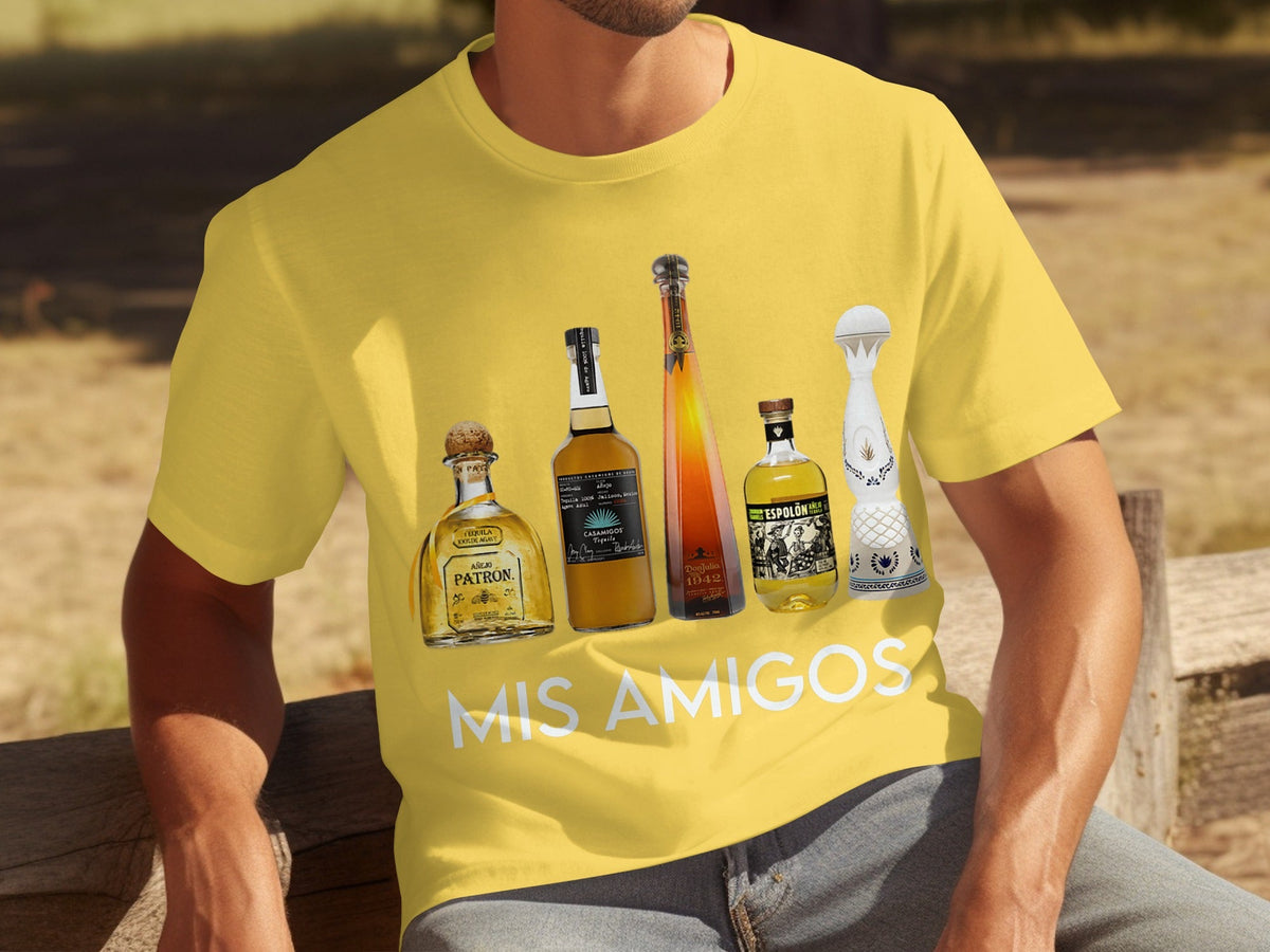 Tequila Bottles Lineup featuring Mis Amigos Text T-Shirts