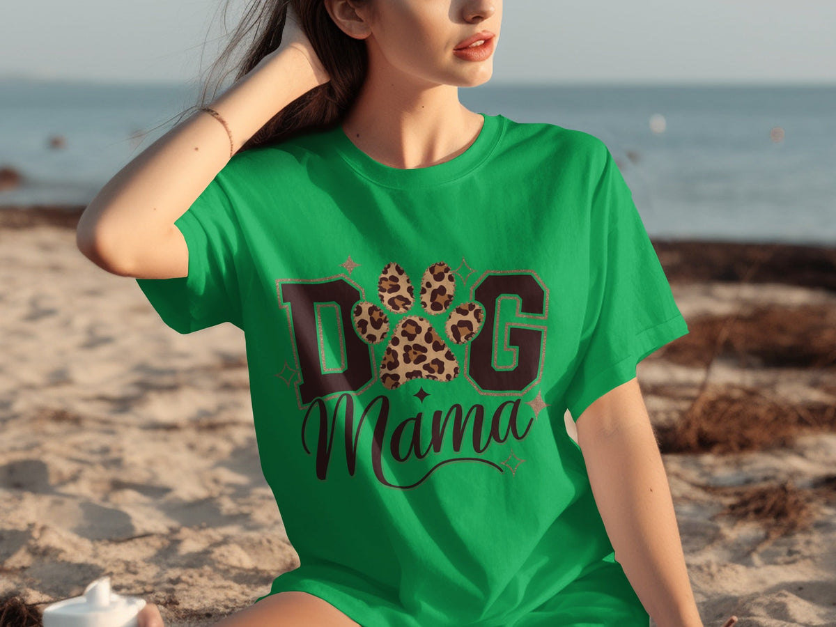 Dog Mama Lettering Design Leopard Paw Print Graphic T-Shirts