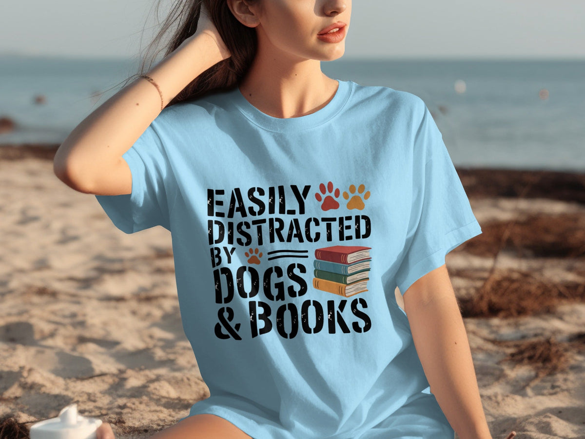 Easily Distracted by Dogs & Books Design Cool T-Shirts product image 8
