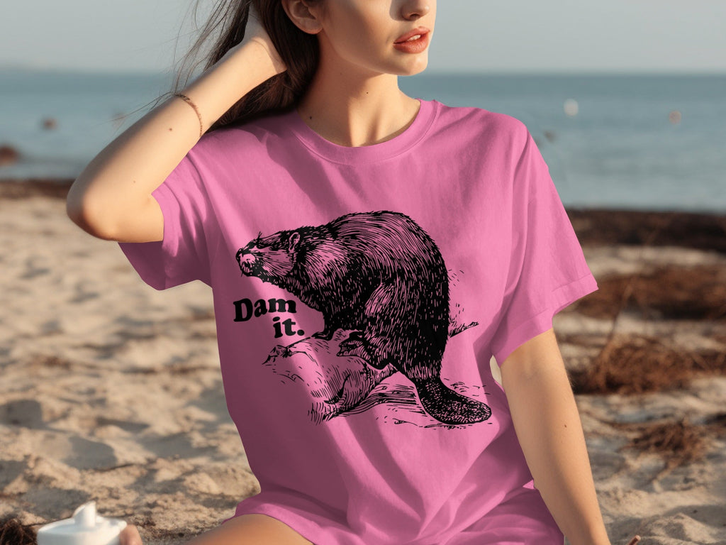 Beaver with Dam it Text Funny Graphic Print T-Shirts product image 19