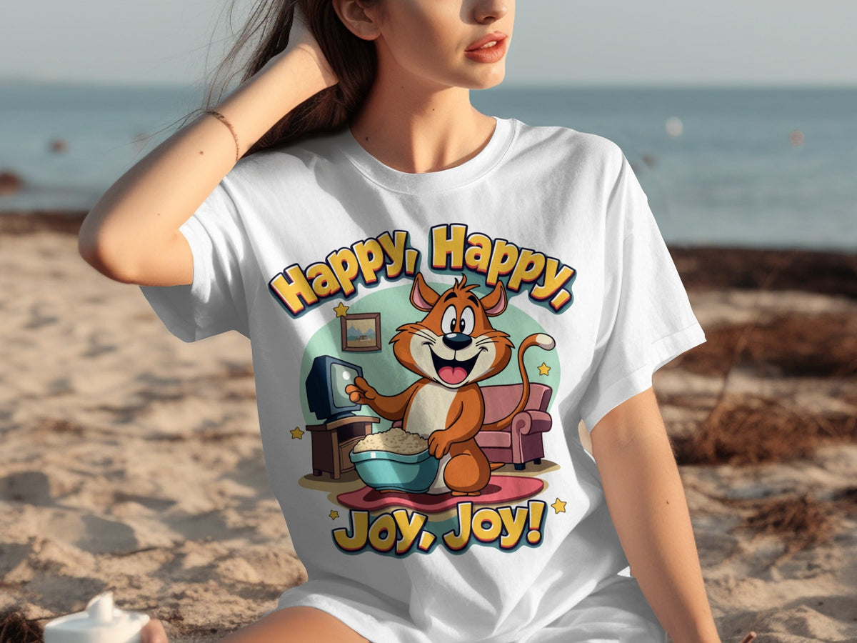 Happy Happy Joy Joy with Cartoon Cat Design T-Shirts