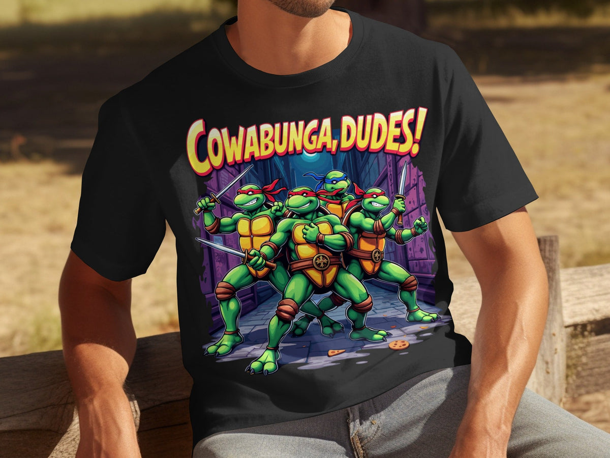 Cowabunga Dudes Four Turtles with Swords in Alley T-Shirts