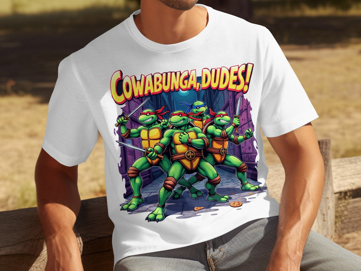 Cowabunga Dudes Four Turtles with Swords in Alley T-Shirts