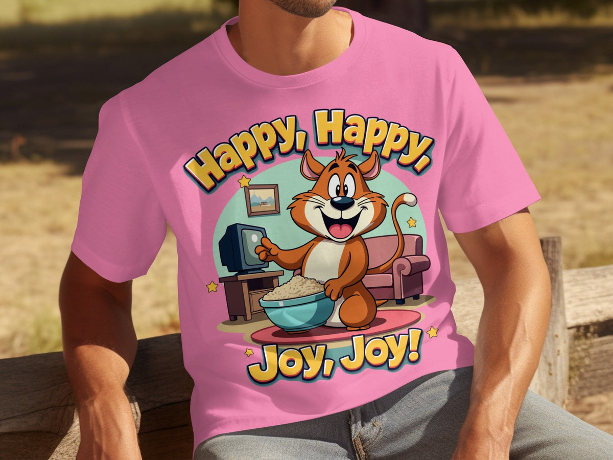 Happy Happy Joy Joy with Cartoon Cat Design T-Shirts