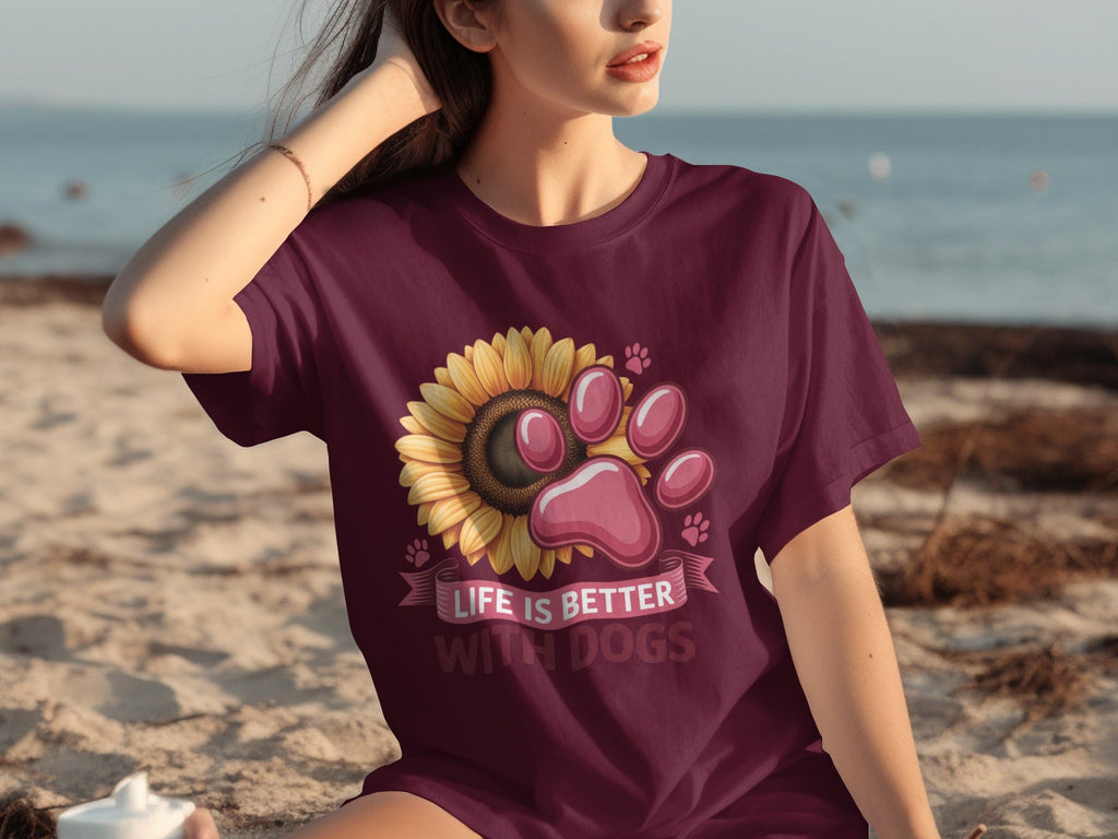 Life Is Better With Dogs Sunflower And Paw Print T-Shirts
