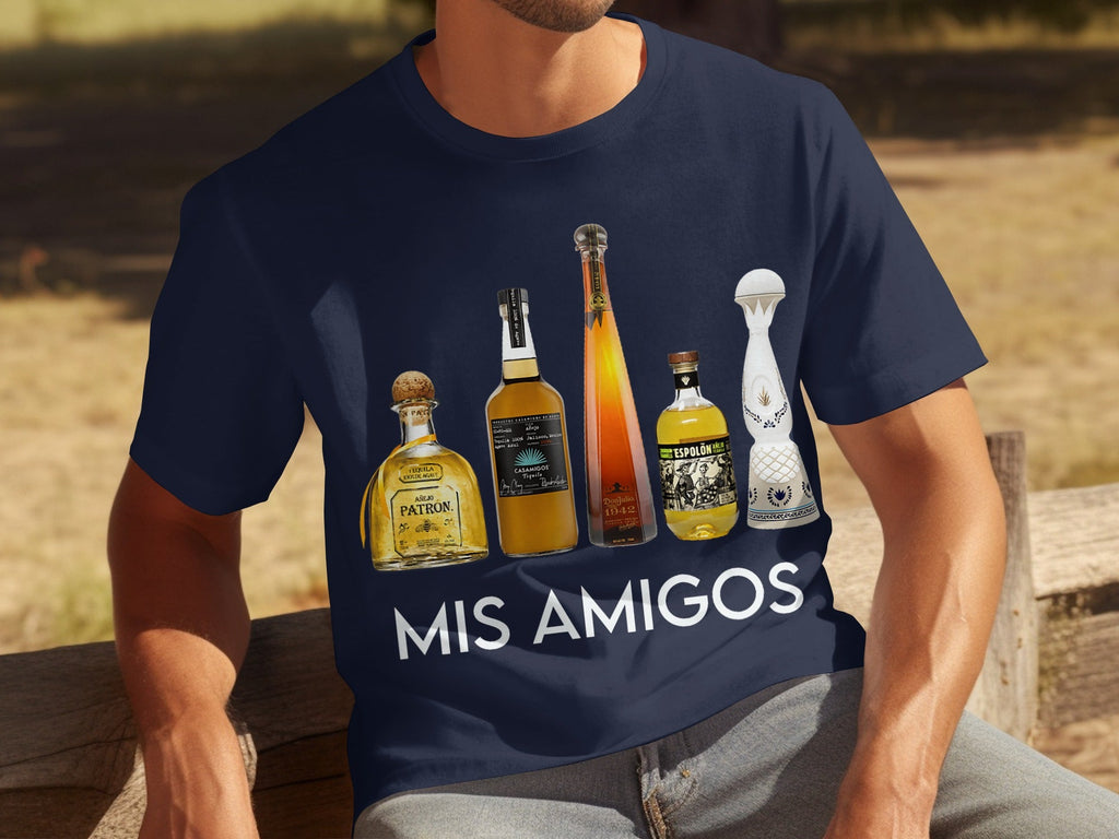 Tequila Bottles Lineup featuring Mis Amigos Text T-Shirts