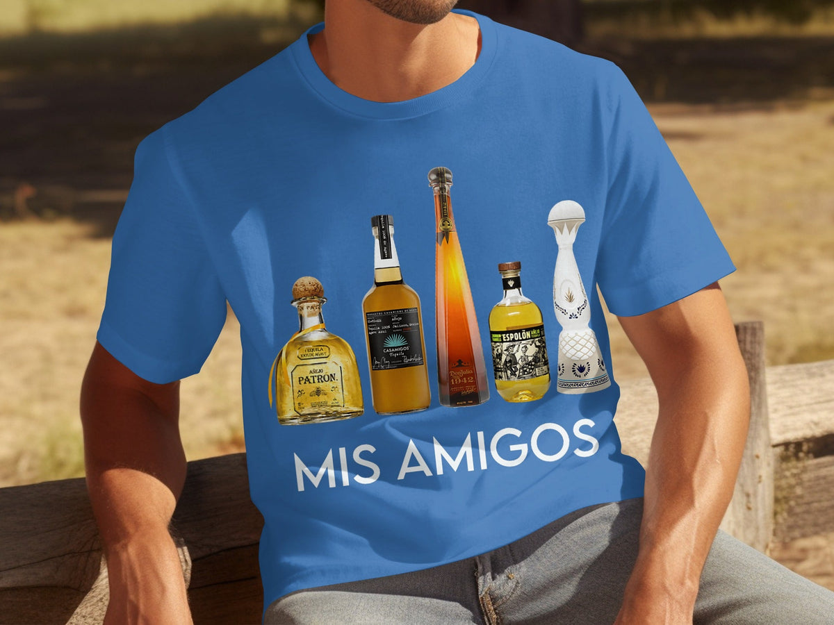 Tequila Bottles Lineup featuring Mis Amigos Text T-Shirts