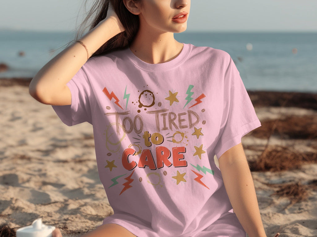 Too Tired to Care Coffee Spills and Stars Design T-Shirts product image 10