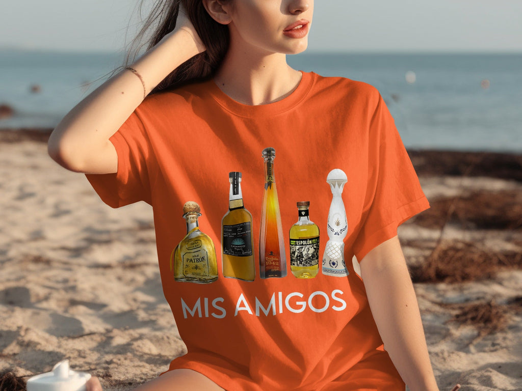 Tequila Bottles Lineup featuring Mis Amigos Text T-Shirts