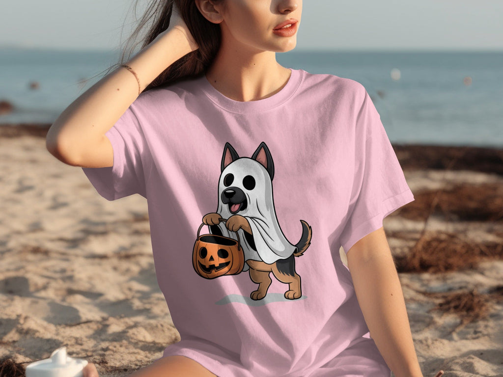 Cute German Shepherd Dressed as Ghost for Halloween T-Shirts