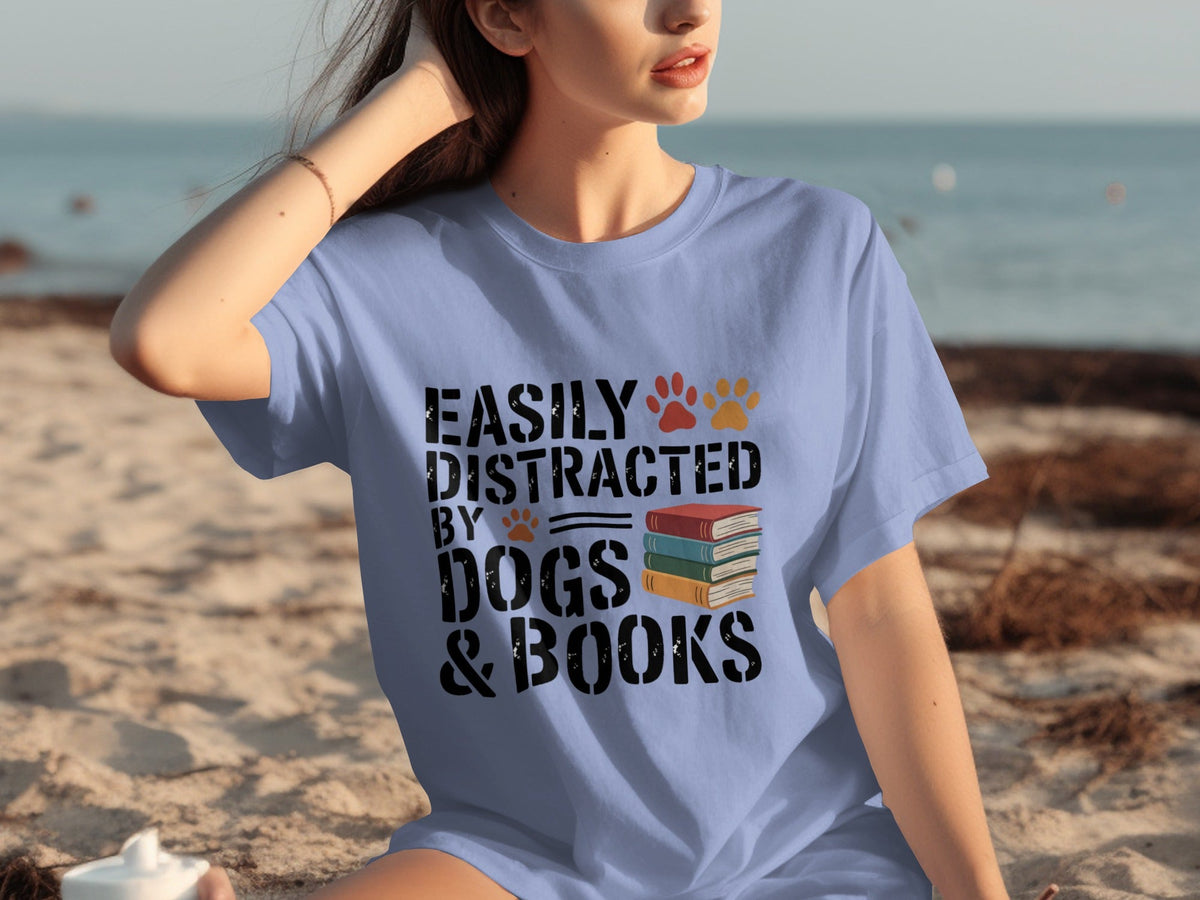 Easily Distracted by Dogs & Books Design Cool T-Shirts product image 13