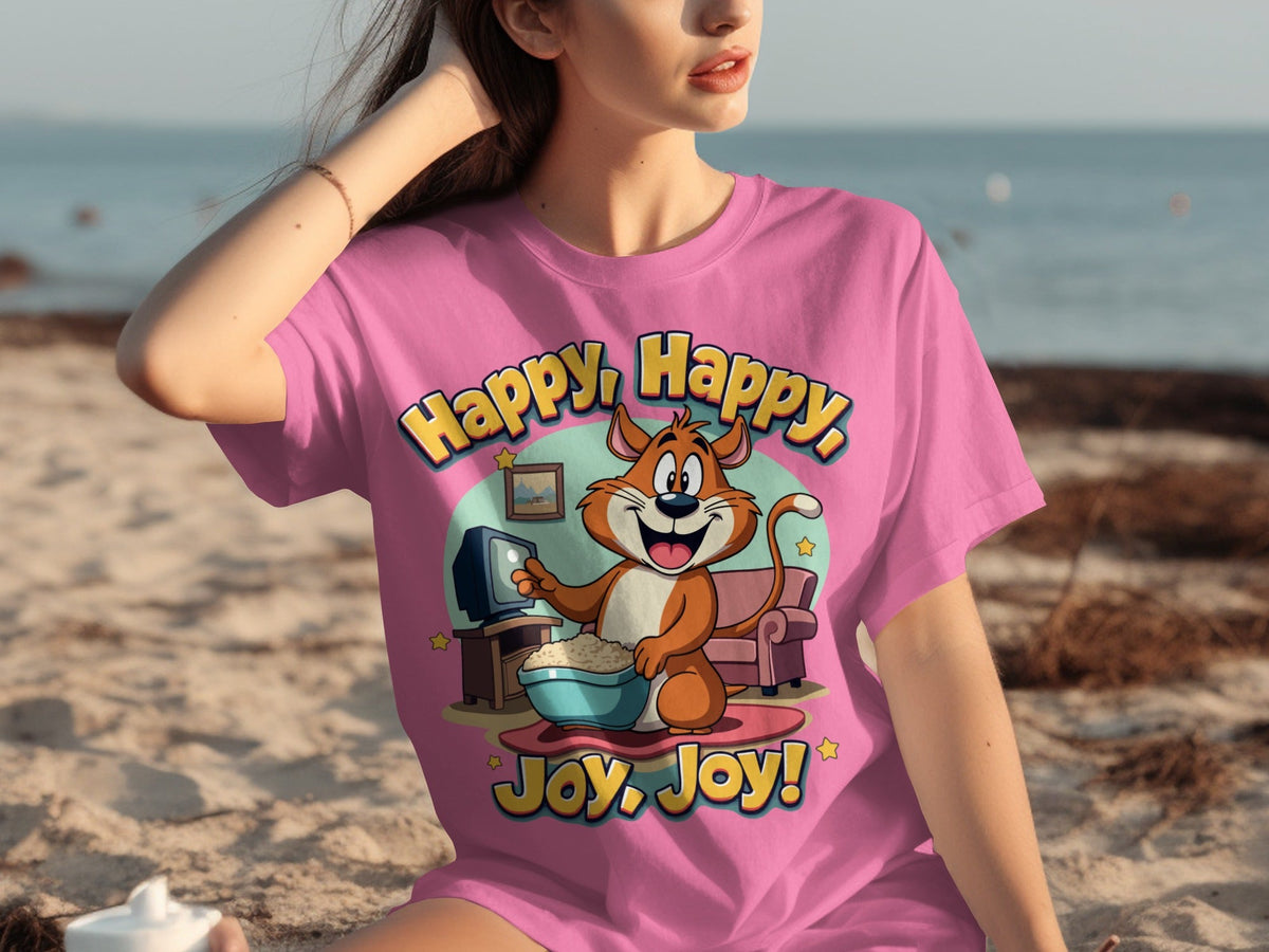 Happy Happy Joy Joy with Cartoon Cat Design T-Shirts