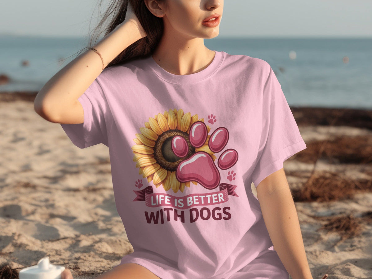 Life Is Better With Dogs Sunflower And Paw Print T-Shirts