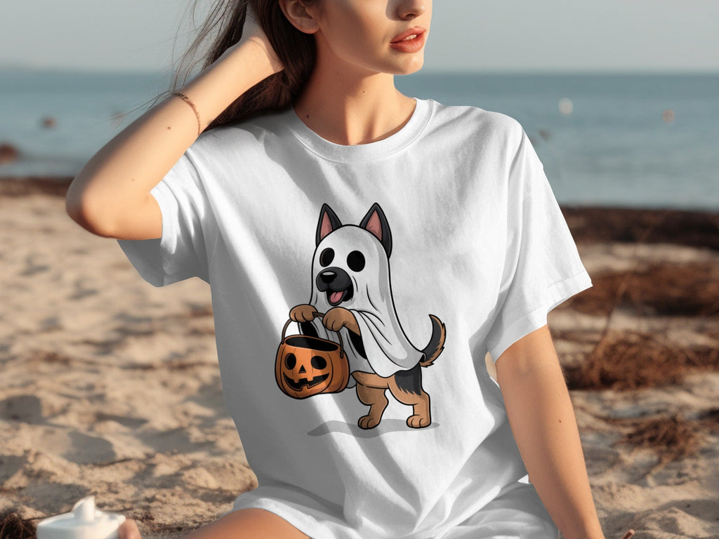 Cute German Shepherd Dressed as Ghost for Halloween T-Shirts