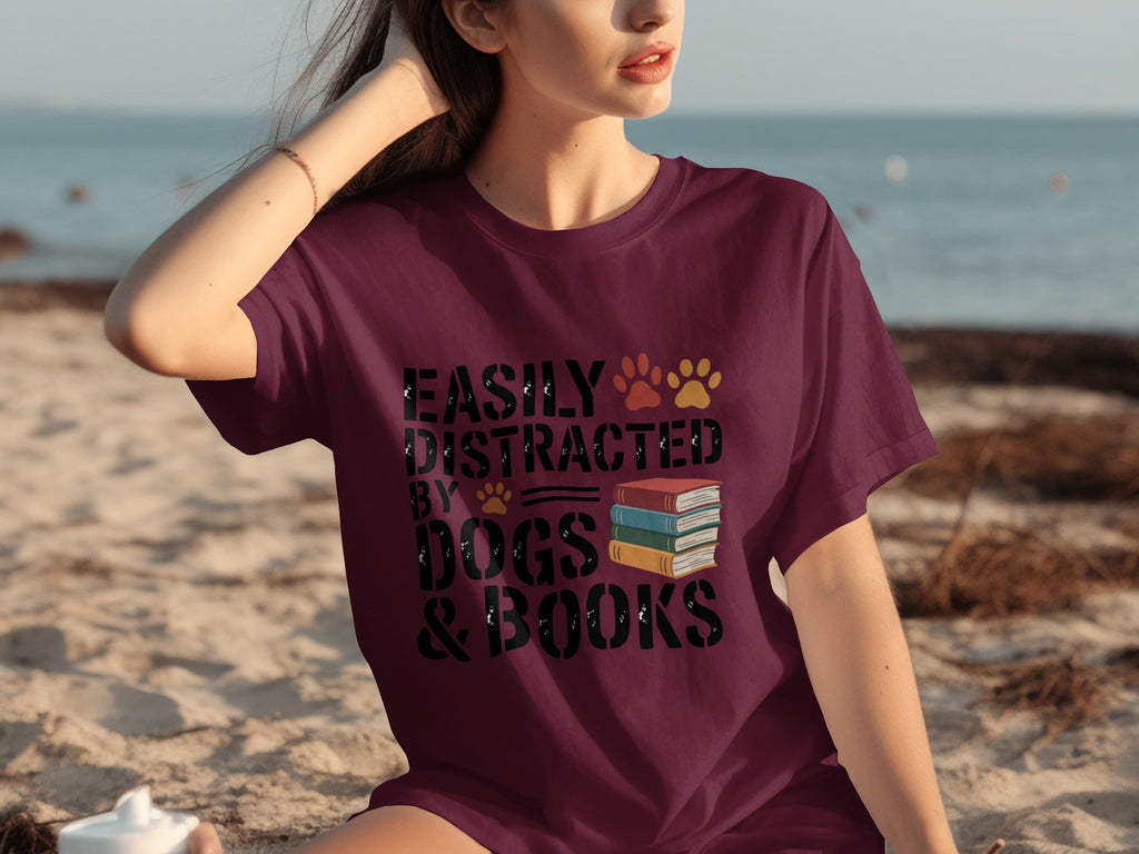 Easily Distracted by Dogs & Books Design Cool T-Shirts product image 11
