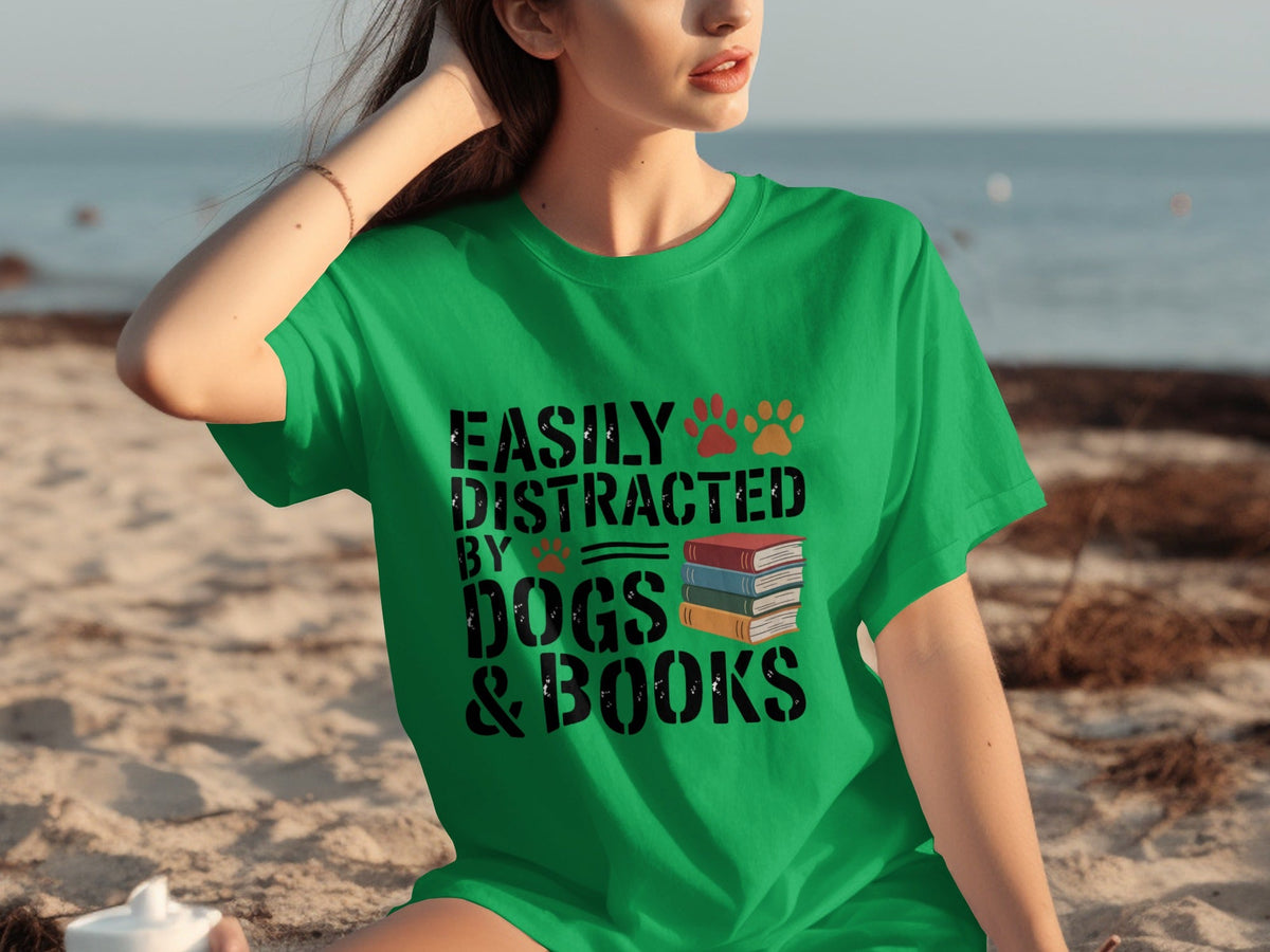 Easily Distracted by Dogs & Books Design Cool T-Shirts product image 5