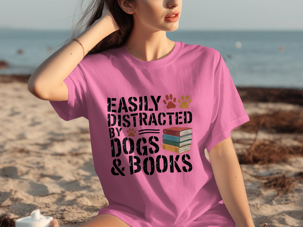 Easily Distracted by Dogs & Books Design Cool T-Shirts product image 3