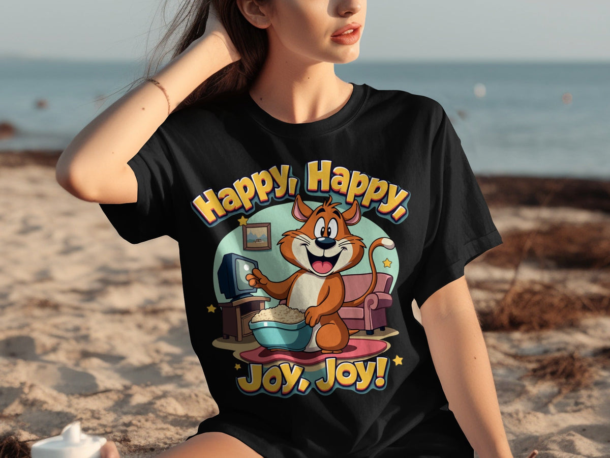 Happy Happy Joy Joy with Cartoon Cat Design T-Shirts